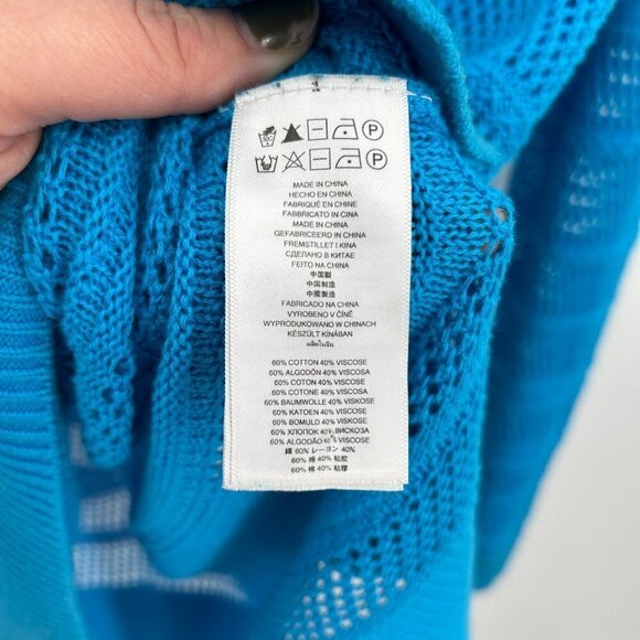 MICHAEL KORS Teal Blue Open Knit V-Neck Hi-Low Tunic Sweater Top Size Medium - Picture 6 of 6